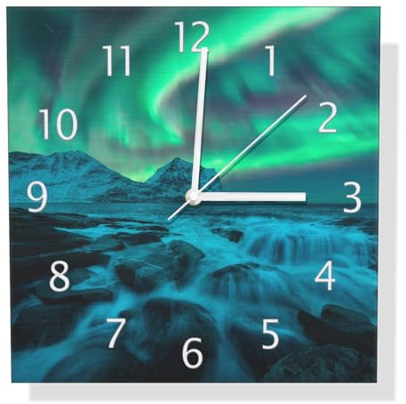 Wallario Design Wanduhr Aurora über Küste aus Aluverbund, Alu-Uhr Größe 30 x 30 cm, weiße Zeiger mit Metalloptik