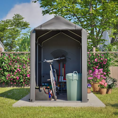 Garage per biciclette, 187 x 100 x 160 cm, con telaio in acciaio zincato, telone in PE e porta con cerniera, grigio scuro, per biciclette e attrezzi da giardino, balcone, terrazza, cortile
