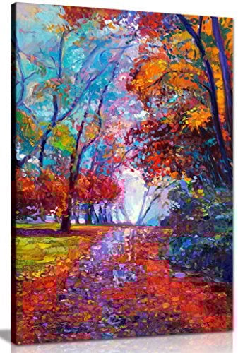 Abstract Contemporary Painting Autumn Forest Canvas Wall Art Picture Print (36x24in)