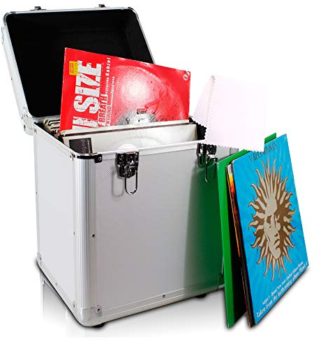 LP 100 x 12 Vinyl Record Storage Box DJ Case with Anti-Static Cleaning Cloth, Silver Finish, Foam-Lined Flight Case with Lockable Latches, Stackable Design and Removable Lid for LP Albums