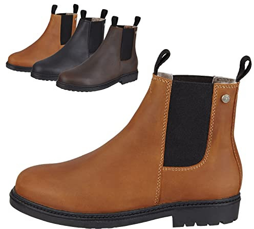 SUEDWIND FOOTWEAR Reitstiefeletten New Work Winter für Damen – Chelsea Boots aus Leder – Reit- & Freizeit-Stiefelette mit Gummisohle & Merino-Lammfellfutter – Schuhe in Cognac – Größe 37
