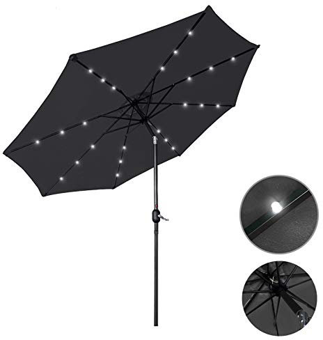AufuN Sonnenschirm 300cm mit kurbel und Solarbetriebene Weiß LED UV Schutz Neigbar 40+ - Dunkelgrau Alu Balkon Terrassenschirm Marktschirm Gartenschirm (Dunkelgrau)