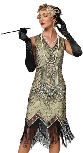VILOREE Retro 1920er Damen Flapper Kleider voller Pailletten V-Ausschnitt Great Gatsby Motto Party Champagner S