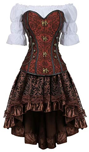 Jutrisujo Corsagenkleid korsett Kleid 3 Teiliges Steampunk Corsage piraten Kostüm mit Corset Dress Spitzenrock und Bluse für Halloween Braun 4XL