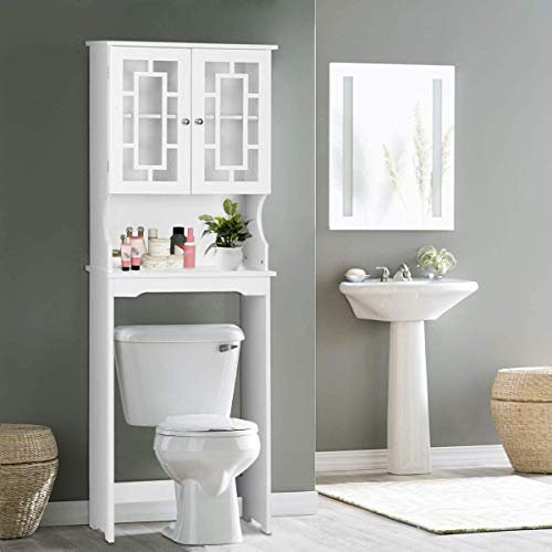 COSTWAY Over Toilet Cabinet, 3-Tier Freestanding Washing Machine Rack with Adjustable Shelf and Door, Bathroom Space Saver Laundry Tall Storage Cupboard Organiser Unit (White)