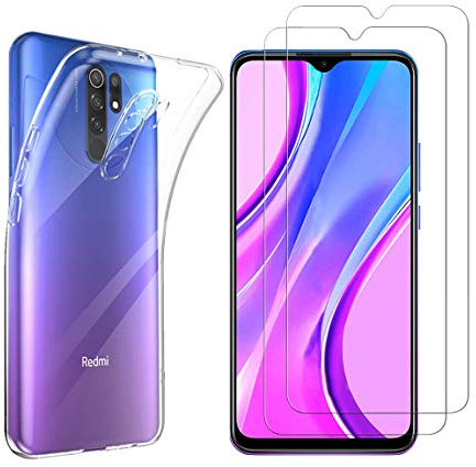 NOVAGO Compatible avec Xiaomi Redmi 9-Coque Transparente Solide+ 2 Films Protection écran Verre trempé résistant (Plus Petits Que l'écran) (Coque+Films, Transparente)