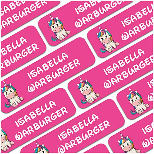 80 x Namensaufkleber Wunschname personalisiert je 3,5x1cm Aufkleber mit Kinder Name Beschriftung Schule Kindergarten Kleidung Sticker (Nr. 30 Einhorn, Für feste Oberflächen)