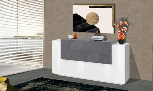 Dmora - Buffet Alberto, Buffet de cuisine avec 2 portes et 4 tiroirs, Buffet de salon, Buffet de cuisine, 100% Made in Italy, 160x45h86 cm, Blanc brillant et ardoise