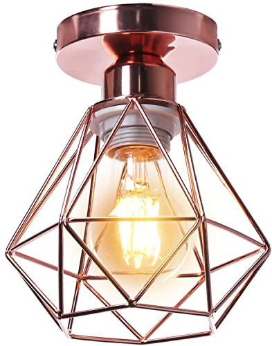 STOEX Plafonnier industrielle vintage design rétro cage en métal fer forge, Suspension luminaire E27 lampe de plafond diamant Ø16cm (Or rose)