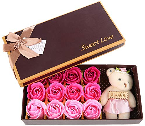 Cyrank 12 Rosen-Blumen-Seifenblume, künstliche Rosen-Rosen-Geschenk-Sets für Frauen-Plüsch-Bären-Valentinstag-Romantisches Geschenk mit Kasten(Rosa)