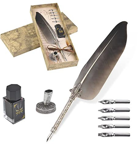 VABNEER Schreibfeder Kalligraphie Feder Vintage Federstift Tinte Set Antiken Feder Kalligraphie Stift für den Selbstgebrauch (Schwarzgrau)