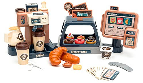 Pretend Role Play Toy Coffee Shop Age 3+ for Boys and Girls with Coffee Maker Machine and Fake Donuts 41Pcs (BROWN)