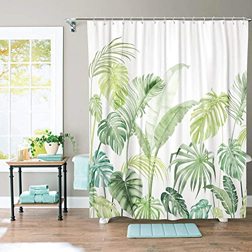 HSFFBHFBH Tropischer Pflanzenlaub Duschvorhang Blätter Dschungel Monstera Blatt Duschvorhang Palme Badezimmervorhang mit Haken Grün Weiß 90x200cm/35x79in(WxH)