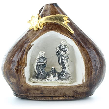 Palais du Rosaire Mini-Krippe aus Metall, Heilige Familie, in einer Kastanie, 5 cm