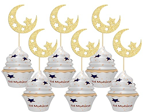 Gyufise 24Pcs Eid Moon Star Cupcake Toppers Gold Glitter Ramadan Kareem Eid Mubarak Cupcake Picks for Eid Islamic Muslim Theme Party Cake Decorations Supplies