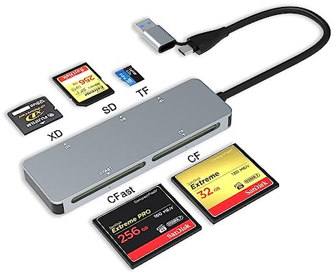 CFast Kartenleser, USB C+A CFast 2.0 Kartenleser, Typ-C & USB-A 3.0 5Gbs CFast Speicherkartenadapter für SanDisk, Lexar, Transcend, Sony Card, liest CFast/TF/SD/XD/CF 5 Karten gleichzeitig