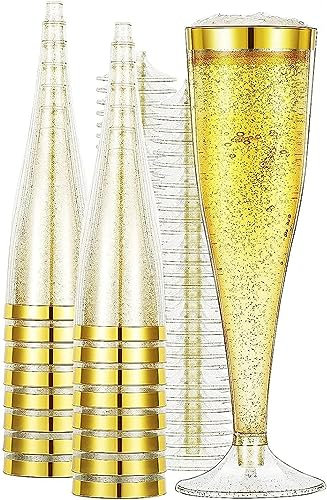 Miluoou 50 Pcs Plastic Champagne Flutes Cups 5 oz Glitter Powder Disposable Champagne Glasses Wedding Wine Glasses Mimosa Bar Supplies Party Toasting Glasses Champagne Shot Glasses