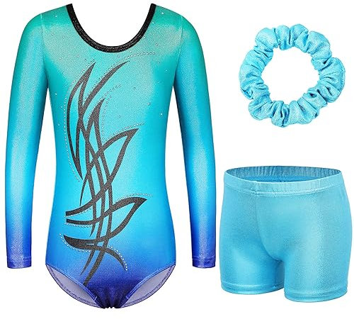 BAOHULU Turnanzug für Mädchen, Gymnastik, Stickerei, Glitzer, Tumbling, Tanz, Shorts, Set mit Ärmeln, Schwarz / Blaugrün, 11-12 Jahre
