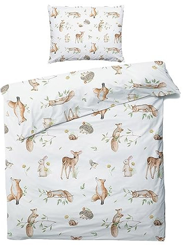 MOBEITI Housse de Couette 140x200 Animaux de la Foret, Parure de Lit 1 Personne, Motif Cerf Renard Lapin Écureuil, 100% Microfibre, 1 Taie d'oreiller 65x65, avec Fermeture Éclair