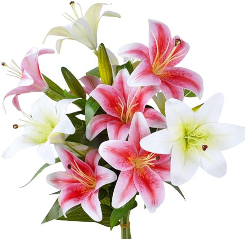 VaryFloral Künstliche Lilien, weiße und rosa, künstliche Lilien mit langem Stiel, realistische Seidenblumen, weiße und rosa, künstliche Frühlingsblumen für Heimdekoration, Hochzeit, Blumenarrangement