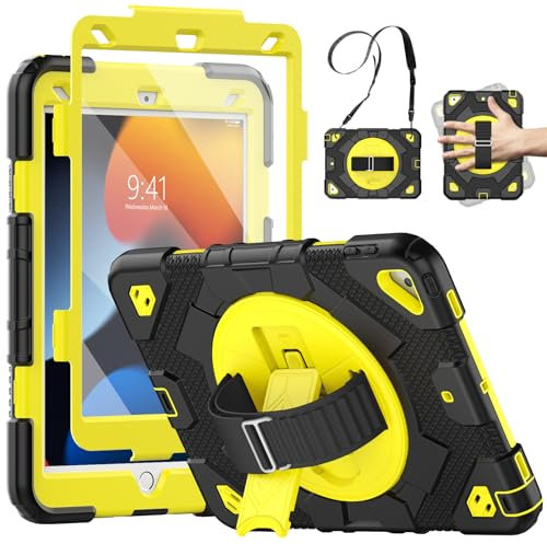 SEYMCY Case for iPad 9th 8th 7th Generation 10.2 inch 2021/2020/2019, Shockproof with 360° Rotating Hand Strap & Stand, Screen Protector, Shoulder Strap, Pencil Holder for iPad 9/8/7 Gen, Yellow