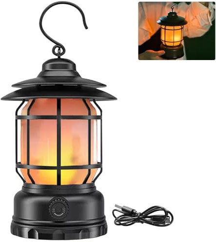 Clearhill Wiederaufladbare Camping-Laterne, dekorative Tischlampe, 2 Modi, LED-Licht mit Haken, dimmbar, Vintage-Stil, tragbares, wasserdichtes Campinglicht für den Innen- und Außenbereich