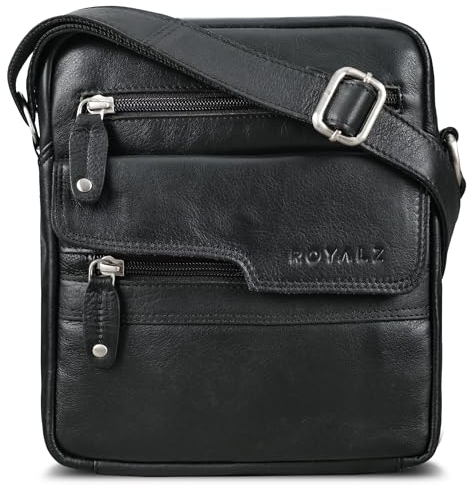ROYALZ 'Oregon' Leder Umhängetasche Herren Klein Männer Ledertasche Vintage Herrenhandtasche Moderne Schultertasche Messenger Bag Echtleder, Farbe:Schwarz