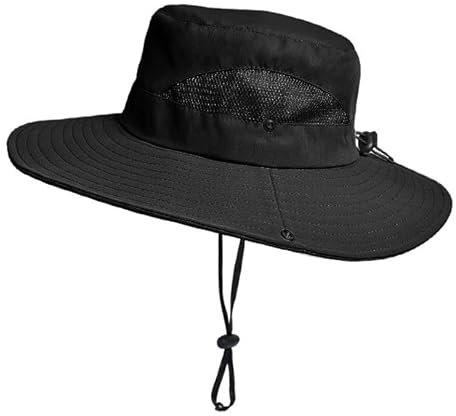 KorhLeoh Damen Outdoor UV-Schutz Faltbare Sonnenhüte Mesh Breiter Rand Strand Fischerhut mit Pferdeschwanzloch, Schwarz, ohne Pferdeschwanz-Loch, M