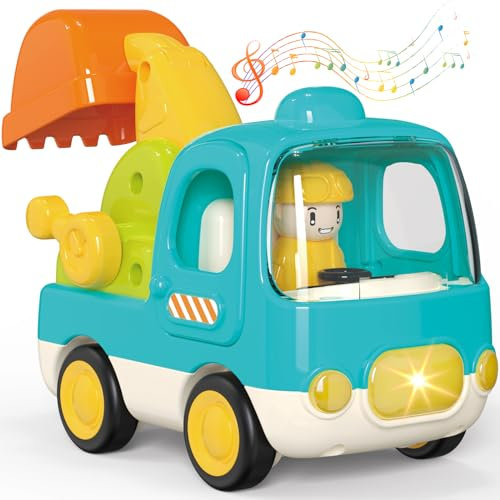 Yerloa Excavator Toy Digger Trucks Cars Toy for 1 Year Old Boy Girl Gift, Construction Vehicles Toys Car for Boys 1 2 3 Year Old Kids, Friction Power Baby Toys Car for Toddlers 1-3 with Music & Lights