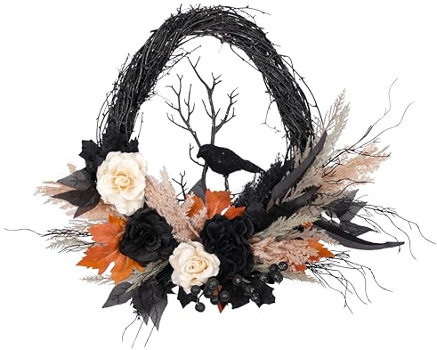 18 Halloween Oval Wreath with Artificial Crow, Rose, Hydrangea, Dahlia, Crow's Feather - Hallloween Home Decor for Front Door, Porch, Wall Holiday Party Decorations