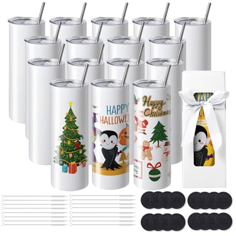 VEVOR 16 Pack Straight Sublimation Tumblers Gobelets Thermos, Acier Inoxydable, Blanc, 210 x 75 x 75 mm