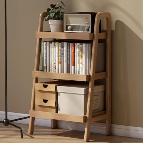 Vadisun Leiterregal aus 100 % massiver Eiche, 3 Etagen, kleines Bücherregal, Leiter-Bücherregal, Bücherregal mit stabilem Rahmen, kleiner Tisch für Wohnzimmer, Schlafzimmer (Natur, 32 cm L x 45 cm B x