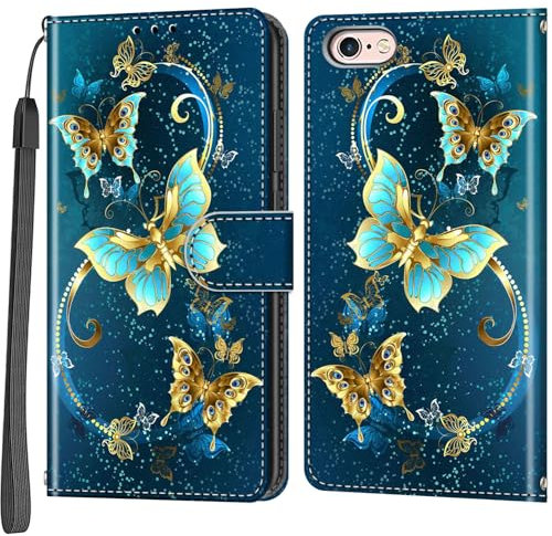 Salanheo Handyhülle für iPhone 6 / 6s, Schmetterlingsmuster, Magnetisch, Stoßdämpfend, Klapphülle aus Kunstleder mit 3 Kartenfächern und Geldbeutel