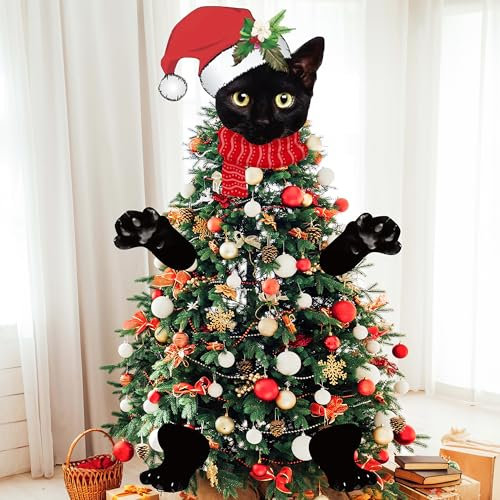 TICIAGA Weihnachtsbaumspitze mit schwarzer Katze, groß, mit Weihnachtsmütze für Weihnachtsdekoration, Baumdekoration mit Kopf, Armen und Beinen, für Weihnachten, Innen- und Außenbereich,