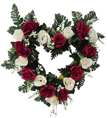 DRW Corazon de Rosas Blancas y Rojas Centro de Flores Artificiales Cementerio, Iglesia Bodas sepulturas 65x30x65