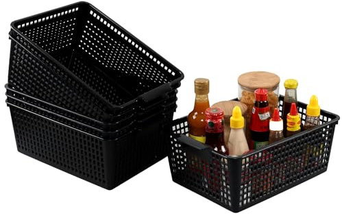 Loiycg Pack of 6 Plastic Rectangle Organiser Baskets, Black Kitchen Cupboard Storage Basket