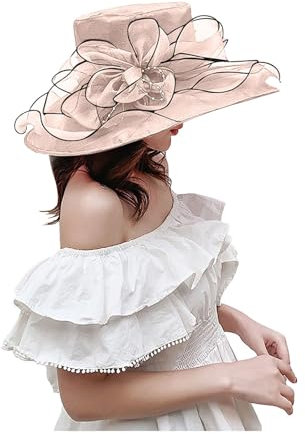 SRZYMJ Rosa Fascinator Damen Organza Hut Blumen Feder Sonnenhut Kirche Hochzeit Frauenorganza Elegant Sommerhut Sonnenschutz Strandhut Breit Krempe Organzahut Mesh Damenhut Cocktail Party Sonnenhut