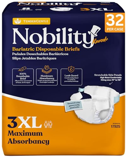 3XL Adult Diapers for Women and Men - Case of 32 Bariatric Disposable Briefs with Tabs and Stretchable Side Panels - Breathable with Max Absorbency