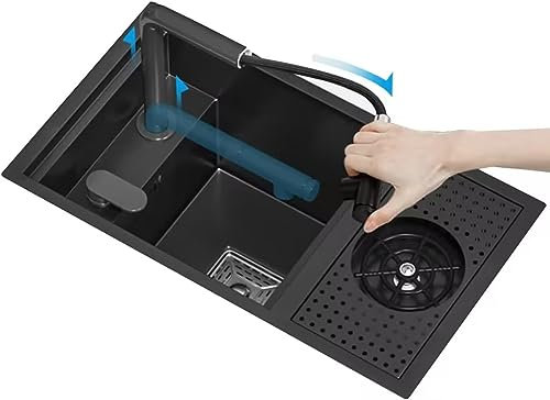CWCQGH Unterputzspüle mit Einzelbecken und Unterlegscheibe, Schwarze Küchenspüle aus Edelstahl, Arbeitsplatte, Einbauwaschbecken, Spüle, Bartheke, Kleiner Einzelschlitz mit Abde(70cm Black)