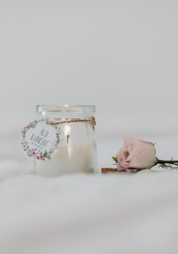 12 Mini bougies parfumées, pot en verre et bouchon liège, 60g, étiquettes personnalisées et ficelle en chanvre | Cadeaux invités mariage, baptême, anniversaire