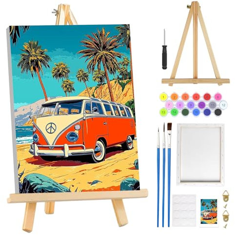 MOGTAA Bus Peinture Numero Enfant Adulte avec Cadre, Plage Paysage Peinture par Numero Adulte avec Chevalet, DIY Numéro d'Art Kits, Loisirs Créatifs Adultes, pour décoration, 20x30cm