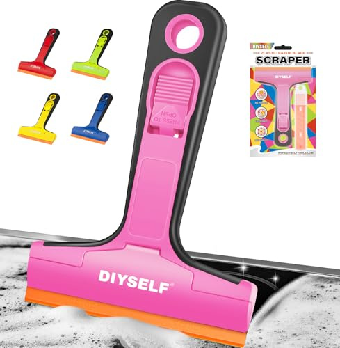 DIYSELF 10 cm Kunststoffschaber, Glasschaber mit 5 Plastikklingen, Rosa | Breite Klinge mit schnellem Klingenwechsel, für Glas, Fenster, Fliesen, Folie, Klebereste, Aufkleber, Etiketten und Auto