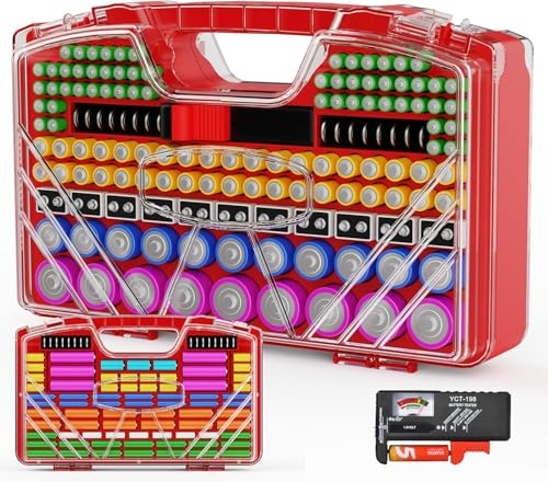 Battery Organizer Storage Case, Battery Storage Holder Organizer Box with Tester - 285 Batteries Double-Sided Variety Pack, Holds AA AAA 4A C D Cell 9V 3V Lithium LR44 CR2 CR123 CR1632 18650 Button