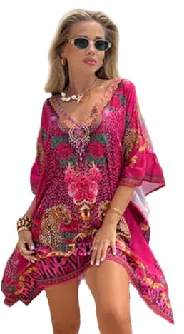 Trillion London Kaftan für Damen, Viskose-Baumwolle, Strandkleid, Bikini- und Schwimmvertuschung, Urlaub, Loungewear, Größe 34 bis 42, pink leopard, UK 6 to 14