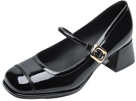 Scarpe Mary Jane con Tacco Basso E Décolleté da Donna, Punta Quadrata Chiusa, Tacco A Blocco da 1,77 Pollici con Cinturino Regolabile