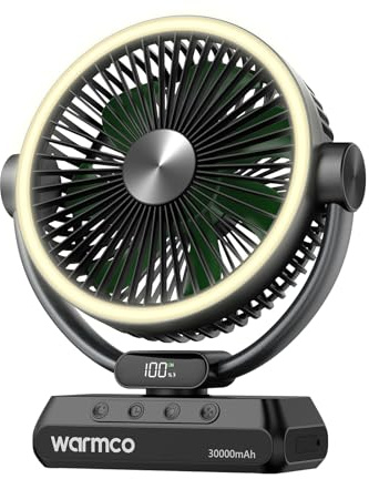 Warmco Tragbarer Campingventilator, 30.000 mAh, 17,8 cm, wiederaufladbar, batteriebetrieben, mit Licht und Haken, 5 Geschwindigkeiten und LED-Display, ideal für drinnen, draußen, Zelt, Reisen, Grillen