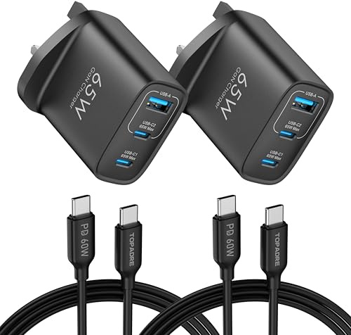 TOPADRE Chargeur USB C 65W, 2 pièces Chargeur Rapide avec 2 câbles 60W (2m) | 65W Chargeur Rapide USB C pour MacBook Pro/Air, pour iPad Air, pour iPhone 17/16/15 Pro Max, pour Galaxy S25/S24/S23. Noir
