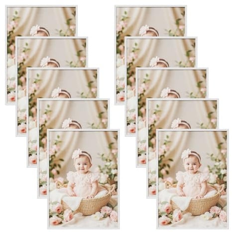 WOLTU Bilderrahmen 50x70, 10er set, Massivholz Fotorahmen mit Passepartout | Weiß, Front aus PS-Platte, Posterrahmen zum vertikalen oder horizontalen Aufhängen und Aufstellen, Collage Wanddeko
