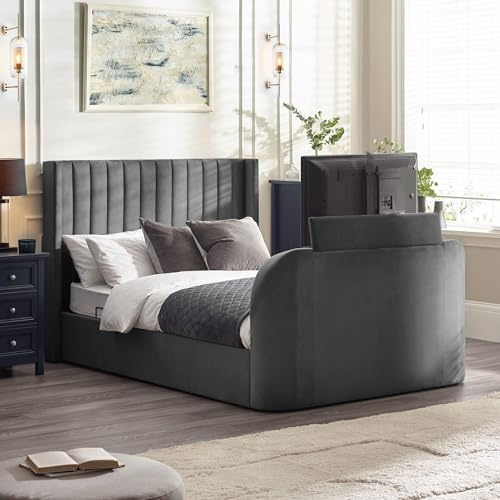 Julian Bowen Clara Ottoman TV Bed - Dark Grey Ottoman Super King Size Bed Frame with Side Lift Storage, 6ft/180cm, Velvet Upholstered Headboard, No Box Spring Needed - 168 x 213cm
