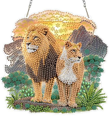 MXJSUA DIY Löwen Tiere Diamond Painting Anhänger mit Kette Erwachsene, Diamant Painting Fensterbilder Hängende Ornament Bastelset Set für Wand Und Eingang Decor 20x20CM